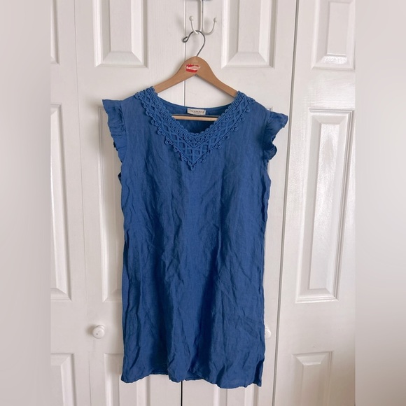 Made in Italy Blue Lace Trim Linen Dress - Picture 1 of 11